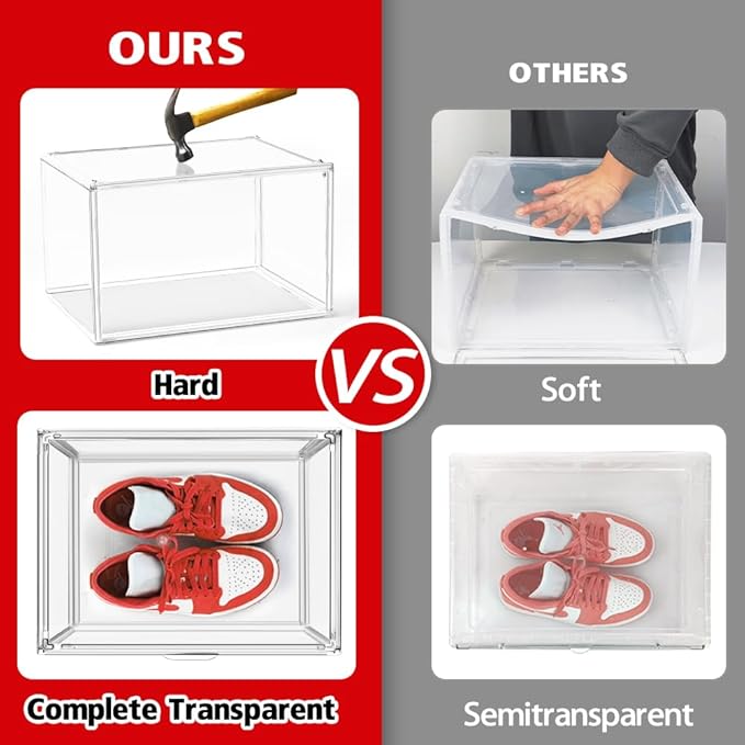 10 Pack Acrylic Shoe Boxes, Sneaker Display Case Size 14, Clear Shoe Organizer Stackable Plastic Stackable Storage Box Handbag Purse Organizer Shoes with Magenetic Lid