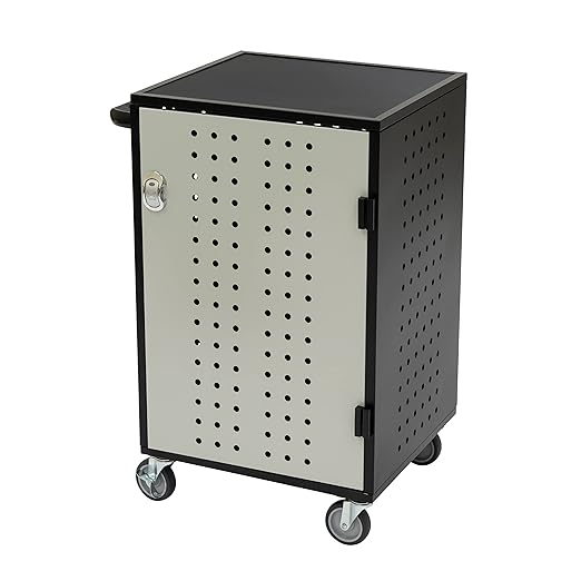 Pearington 30 Device Charging Cart with Electric Key Card Lock, Charger Organization, Cable Management, Laptop-Chromebook Charging Mobile Storage Station, Black and Grey