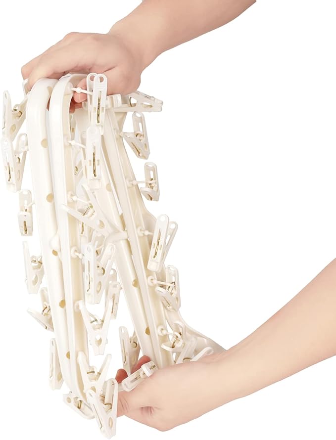 Foldable Clothes Drying Rack with 32 Drying Clips Wind-Proof Hook Underwear Hanger Plastic Laundry Clip for Socks Bras (White)