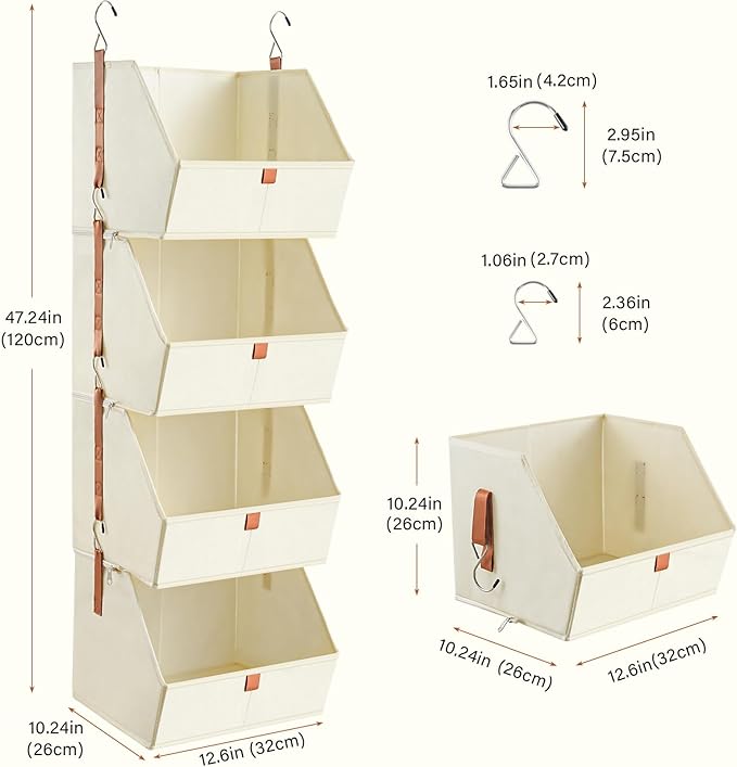 4 Tier Hanging Closet Organizer,Disassemblable Clothes Hanging Shelves,Fabric Closet Organizer System for Space-Saving,Foldable Storage Basket for Bedroom, Rv (1 Pack,Beige)