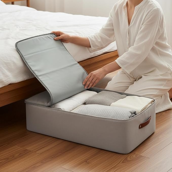 Under Bed Storage Container – Foldable Underbed Storage Bin for Clothes & Bedding, Canvas Under Bed Storage Box with Lid, Low Profile 8″ Organizer with Handles