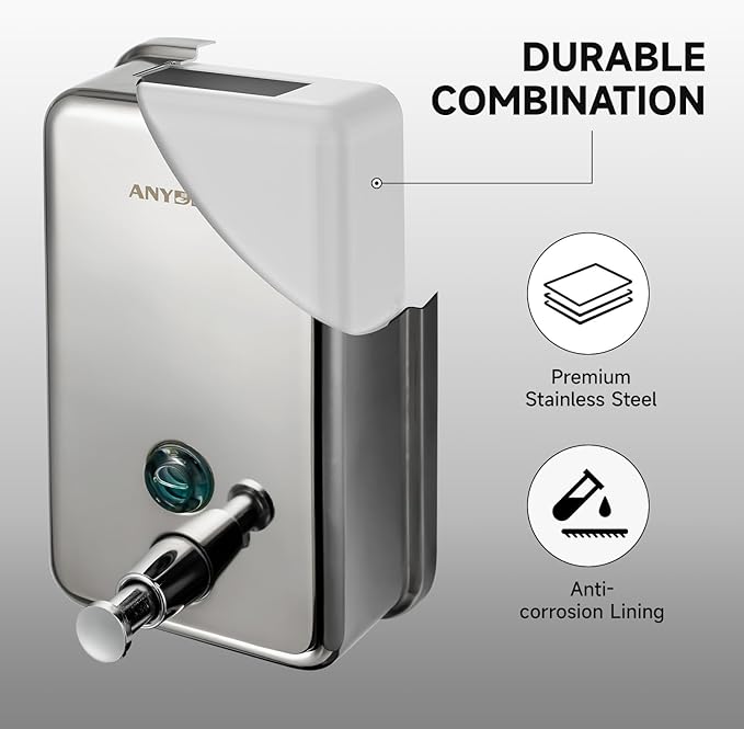 Commercial Soap Dispenser Wall Mount, Polished Stianless Steel Finish Manual Liquid Soap Dispenser - 37oz (1100ml) Model AD1003