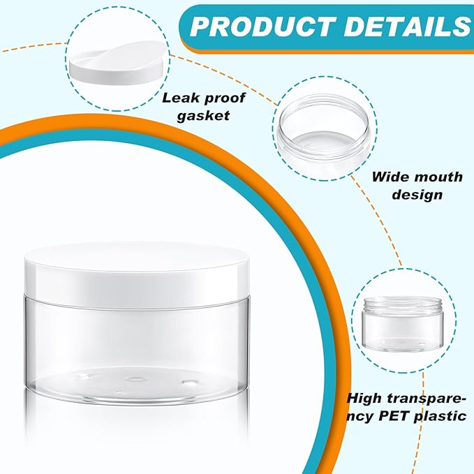 Dandat 24 Pcs 8 oz Plastic Jar Container with Lid and Label Refillable Empty Round Clear with White Pet Cosmetic Sample Slime Containers for Lotion, Cream, Ointment, Body Butter, Makeup Travel Storage