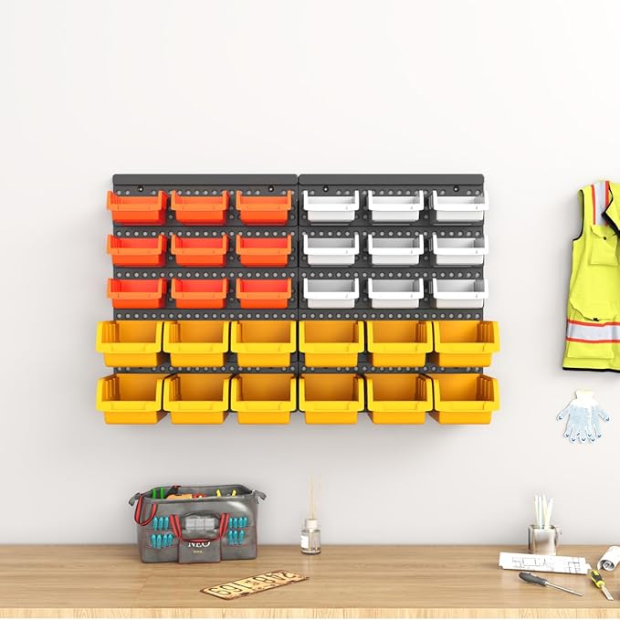 30-Bin Wall Mounted Storage Bins Kit, Tool Organizer Rack, 3 Color Parts Storage Bins, Garage Hardware Organizer, DIY Combination