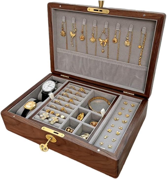 Bescott 2 Layer Solid Black Walnut Wooden Jewelry Box with Lock and Key for Women Wood Vintage Organizer for Men Earrings Rings Necklaces Bracelet Watch Storage Mother's Day Gift