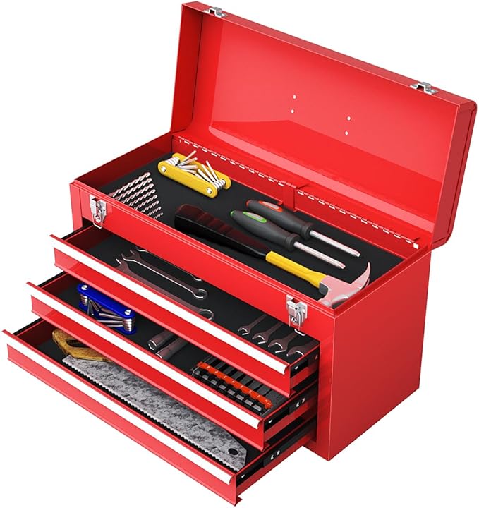 Portable Tool Box, 3-Drawer Tool Chest with Carry Handle, 2 Metal Latches & Liner, Metal Tool Box Storage Box Organizer for Garage, Warehouse & Repair Shop (Red)