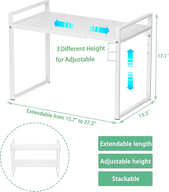 Redrubbit 2 Tier Extendable Microwave Oven Rack, Heavy Duty Steel Metal Shelf Adjustable Height Home Office Pantry Shelf Space for Kitchen Counter Organization, White