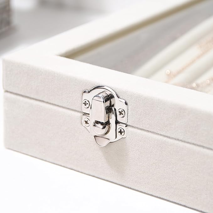 14 Hooks Necklace Storage Tray, Velvet Neckalce Organizer Box with Clear Lid, Pendant Chain Necklace Jewelry Organizer Drawer Tray for Women Girls (Beige)