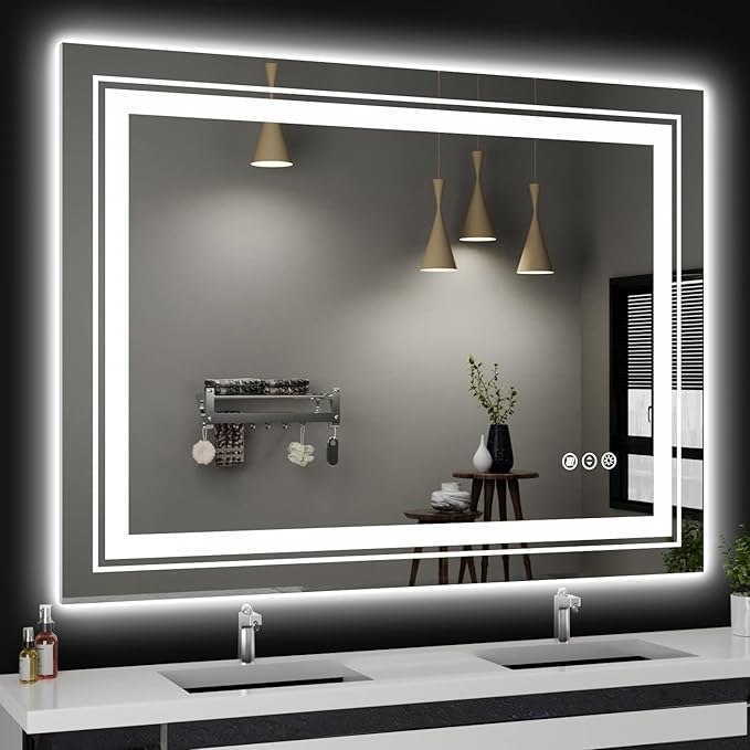LED Bathroom Mirror, 48"X36" with Front and Backlit, Anti-Fog, Large Bathroom Vanity Mirror for Wall, Memory Function, Stepless Dimmable, Tempered Glass (Horizontal/Vertical)
