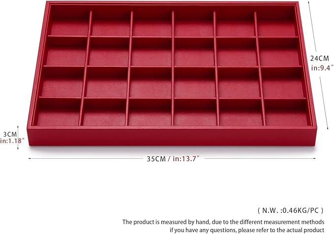 Leather Jewelry Trays 24 Grids Earrings Tray Jewelry Display Tray Stackable Ring Earring Organizer Tray Jewelry Trays For Drawers Rings Earrings Holder (Red)