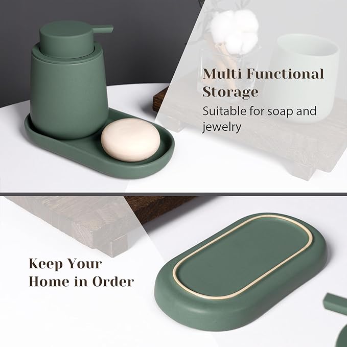 INGOFIN 3 Pcs Ceramic Bathroom Accessory Set - Liquid Soap Dispenser, Toothbrush Holder & Tray, Bathroom Counter Set, Countertop Essentials for Home, Guest Bathroom, or Office Use, Matte Green