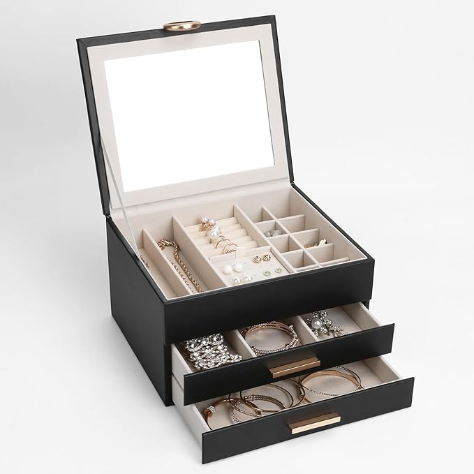 Large Jewelry Organizer Box with Mirror - Features Ring Rolls, Necklace Hooks, Earring Slots, Plush Interior for Luxury Protection Black