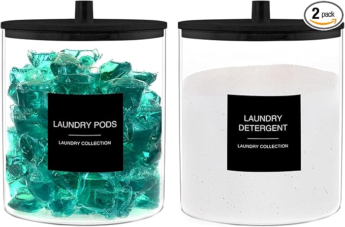 TIPGO Glass Jars for Laundry Room Organization, Laundry Pods Container with 27 Labels, Detergent Holder with Bamboo Lid, Cute Storage Jars, Black (Set of 2)