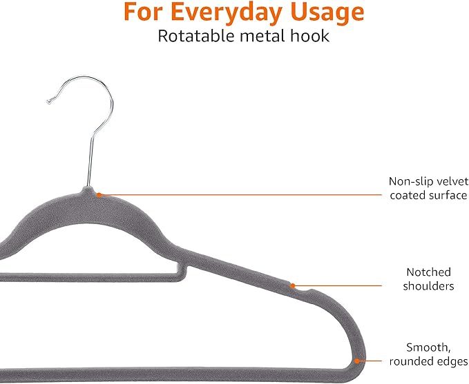 Amazon Basics Heavy Duty Non-Slip Velvet Suit Hangers with Horizontal Tie Bar, 50-Pack, Dark Gray