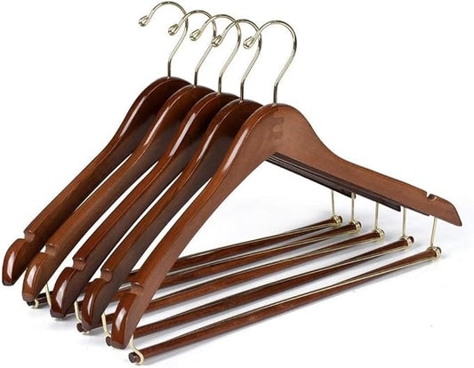 10 Quality Hangers Curved Wooden Hangers Beautiful Sturdy Suit Coat Hangers with Locking Bar Gold Hooks Walnut Finish (10)
