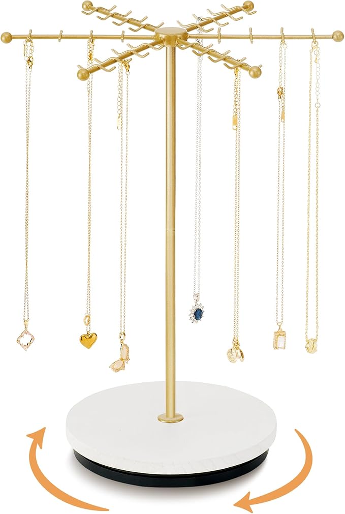 Necklace Holder Jewelry Stand, Rotating Necklace Holder Organizer with 48 Hooks for Necklace Earring Keychains Bracelet Display Stand, Metal Necklace Tree Stand -Women Gifts (Gold)