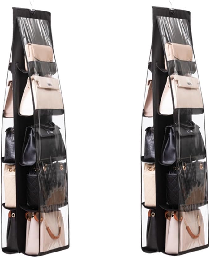 HAN SHENG 10 Pockets Clear Handbag & Purse Organizer Hanging Bag Storage - Space Saving Hanging Shelf for Closet, Wardrobe, Over Door (2 Pack, Black)