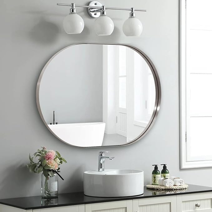 ANDY STAR Brushed Nickel Oval Bathroom Mirror, 30x40 Oval Nickle Mirror Pill Shaped in Premium Stainless Steel Metal Frame 1”Deep Wall Mounted Horizontal/Vertical