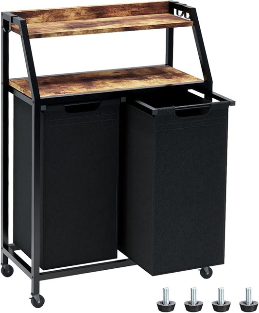 Laundry Hamper, Laundry Sorter 2 Section, Rolling Laundry Basket with Wheels, 2 Shelves, 2 × 14.5 Gal, Pull-Out and Removable Oxford Fabric Bags, for Laundry Room, Black and Rustic Brown
