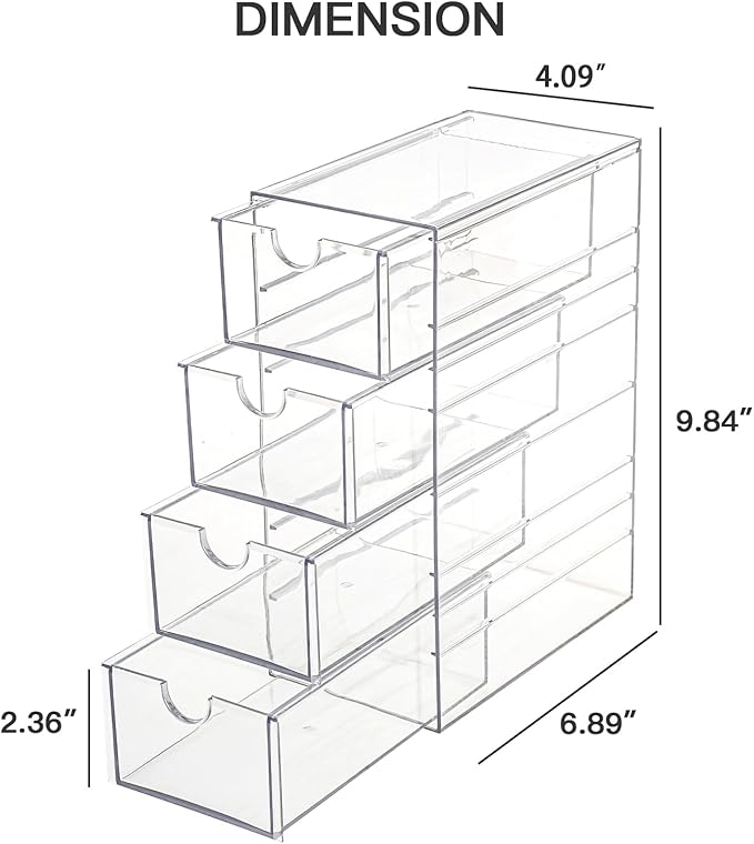 FABROK Clear Hair Accessory Organizer Box with 4 Drawers, Compact Storage Organization Drawers Set for Cosmetics, Glasses, Stationery, Stackable Storage Containers Box for Bathroom, Closet, Desk, Office