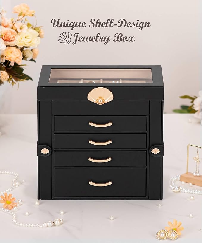 Jewelry Box with 4 Drawers: Display Organizer for Earrings Necklaces - Gifts for Girls Women (Black)