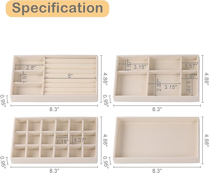 Jewelry Trays,Velvet Stackable Organizer Trays,Drawer Inserts Jewelry Display Case For Rings Stud Necklaces Earring Organizer Tray for Women Girls-8 Pack (Beige)