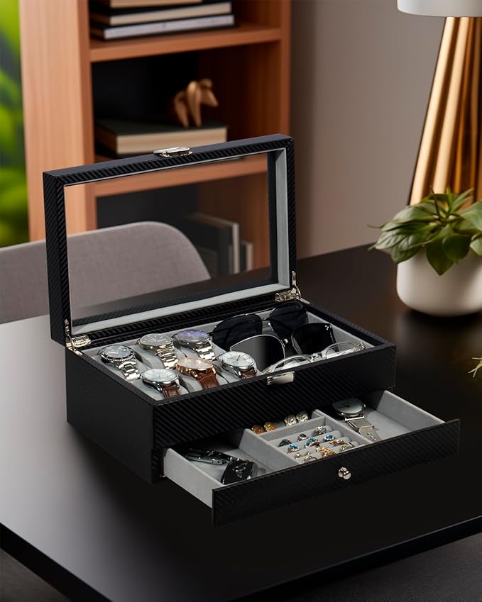 GUKA Watch box, 6 Slot Watch Case, 3 Slot Sunglass Organizer, Watch Cases for men with Real Glass Lid, Watch Organizer storage with Jewelry Case, Birthday for Men and Women,