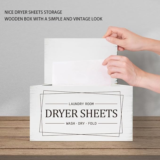 SUPERDANT Dryer Sheets Holder with Lid Rustic Dryer Sheet Dispenser Laundry Room Lettering Dryer Ball Pods Container Vintage Laundry Fabric Softener Dispenser Box for Laundry Room Organizer White