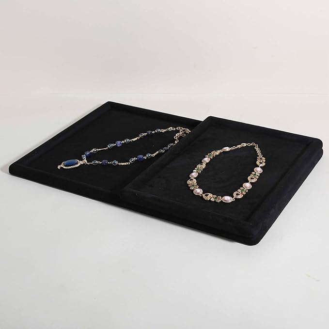 Rectangle Jewelry storage organizer plate, Velvet Jewerly display tray, Empty showcase tray for Necklace Bracelet Ring Earring【Black-Large, 17.7 x 11.8 in 】