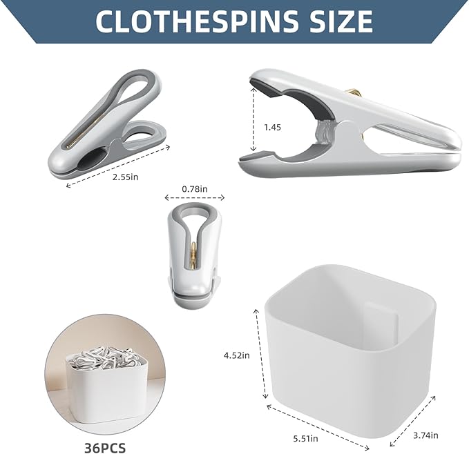 Plastic ClothesPins Heavy Duty Out door 36 Pack with Storage Box, 2.5-Inch Chip Clips with Non-Slip No-Trace Design for Laundry, Drying Clothes,Towels, Crafts, Picture, Food Clips, Home Use and Travel