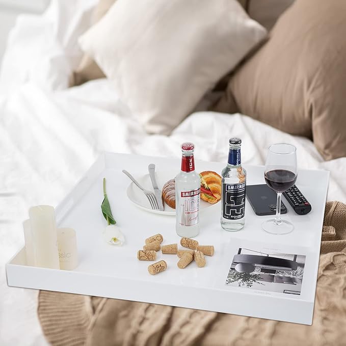 Acrylic Serving Tray with Handles Extra Large Ottoman Tray Decorative Tray (24×24 Inch, Glossy White)