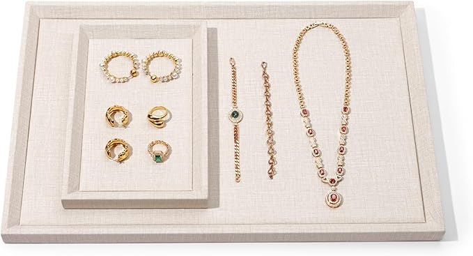 Leather Jewelry Tray Stackable Jewelry Drawer Organizer Display Tray With Linen Texture For Necklace Bracelet Watch Pendant Display Showcase(Small)