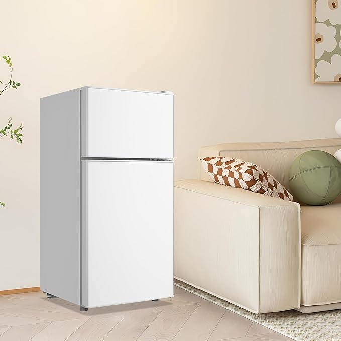 Small Refrigerator Mini Fridge with Double Doors & Separate Freezer & 7 Adjustable Temperature Control, Tiny Size & Personal Fridge Ideal for Office Apartment Dorm White