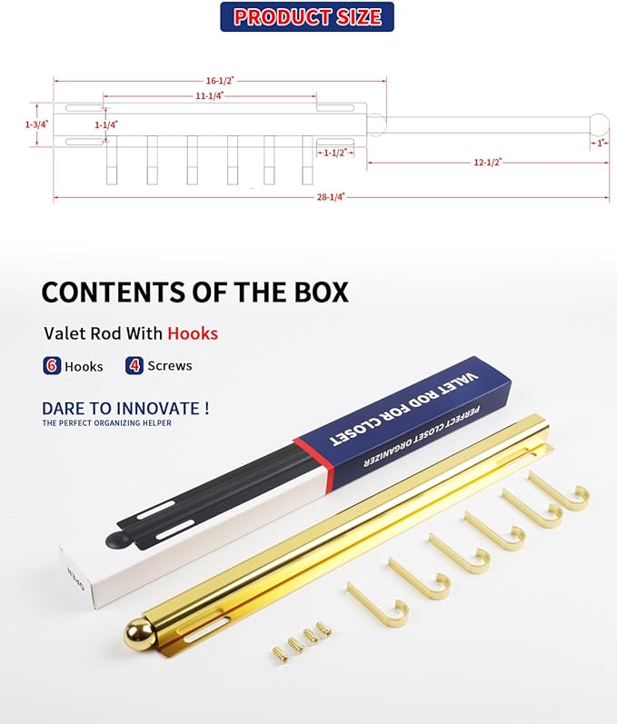 16.5 inch Valet Rod for Closets Pull Out Closet Valet Rod Slide Out Extra long Gold Valet Rods for Closets With 6 Hooks