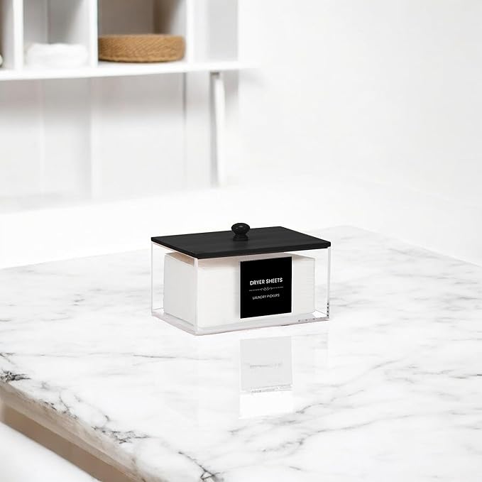 Dryer Sheet Holder with 30 waterproof Labels, Acrylic made tissue box holder with black bamboo lid, Acrylic Container Storage Box for Laundry Room Organization, Holds Sheets, Balls (Black)