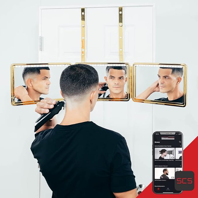 Self-Cut System Gold Plated 3 Way Mirror with Lights for Self Hair Cutting, Trifold Barber Mirror with Height Adjustable Hooks, 360 View, Includes Free Educational Mobile App (King’s Gold)