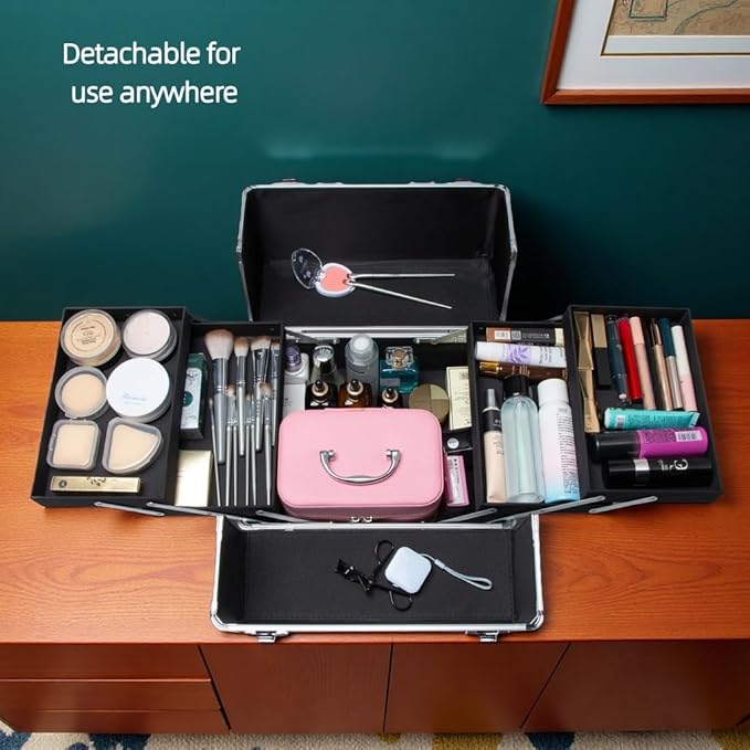 Makeup Rolling Train Case - Professional Cosmetics Organizer with Aluminum Frame, Folding Trays & Wheels, Portable for Travel & Studio (Black Diamond)