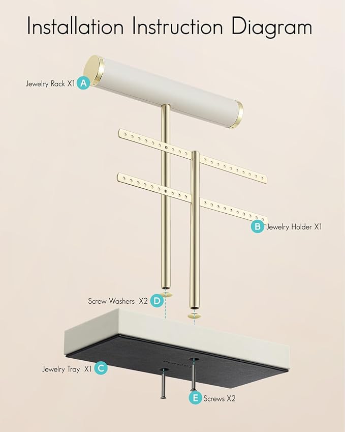 Vlando 2 Tier Necklace Holder Organizer with Tray, Leather Bracelet Holder Display for Women, Gold Jewelry Holder Stand for Bracelet, Necklace, Earrings, Rings - Cloud White