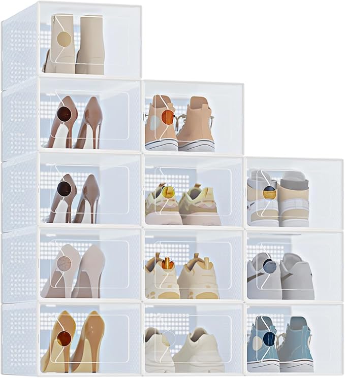 DUMOS Stackable Shoe Storage Boxes, 12-Pack Plastic Shoe Organizers with Lids, Large Shoe Rack & Holder for Closet, Under Bed, Entryway, Sneaker Display and Storage Containers, White