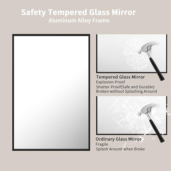 LOAAO 24"X36" Black Rectangle Bathroom Mirror Wall, Matte Black Aluminum Alloy Frame, Hangs Vertically or Horizontally, Easy to Install