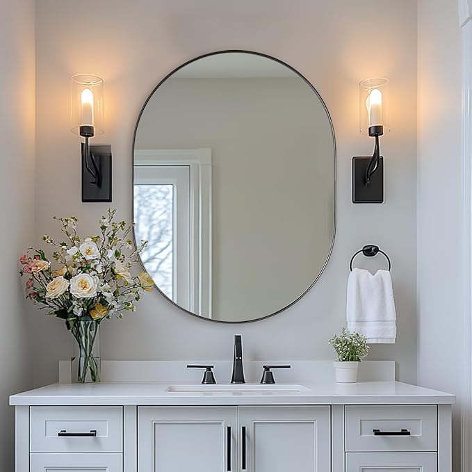 ANDY STAR 24x32'' Oval Mirror, Black Oval Mirror Pill-Shaped Design in Stainless Steel Metal Frame for Bathroom, Entryway, Living Room, Contemporary 1" Deep Wall Mount Vertical or Horizontal