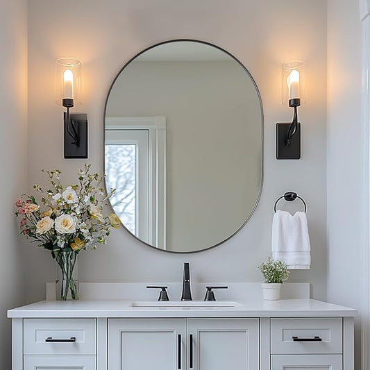 ANDY STAR 24x32'' Oval Mirror, Black Oval Mirror Pill-Shaped Design in Stainless Steel Metal Frame for Bathroom, Entryway, Living Room, Contemporary 1" Deep Wall Mount Vertical or Horizontal