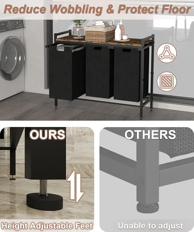 10 x 3 Gal Large Laundry Hamper with 3 Pull-Out & Removable Sorter Bags, Freestanding Clothes Basket Organizer for Clothing or Toys in Bathroom and Living Room, Rustic Brown and Black