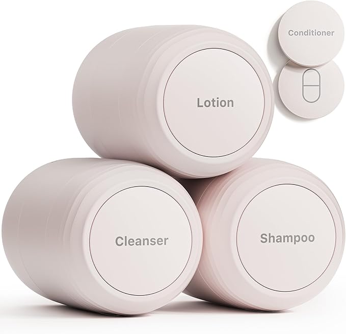New Travel Toiletry Containers [Ultra Leakproof] TSA-Approved, PLA Hard Shell Jars with 5 Magnetic Labels, Wide Mouth Bottles for Lotion, Cleanser, Shampoo, Conditioner, Beige, 3 Pack, 2OZ