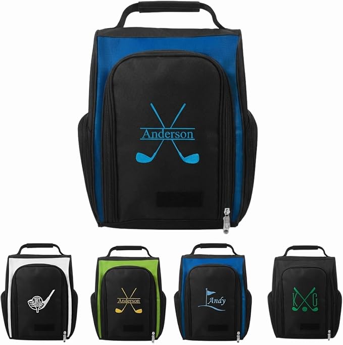 Personalized Golf Shoe Bag for Men, Custom Golf Bag with Embroidered Name, Zipper Sports Shoe Carrier with Top Strap and Side Pockets for Socks, Towels, Gloves, Large Capacity, Golfer Gifts