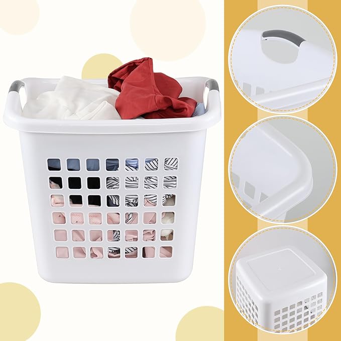 4 Packs 66 L Large Plastic Laundry Basket with Handle, 2 Bushel Plastic Laundry Hamper, Clothes Basket, White