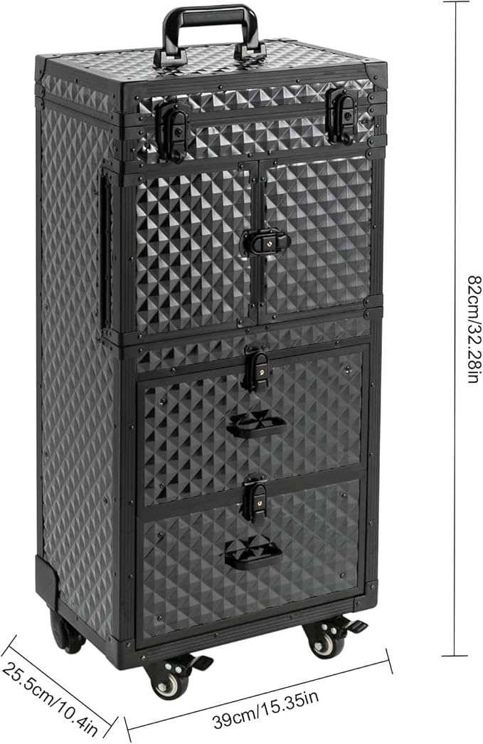 Rolling Makeup Case Large Storage Cosmetic Trolley, Rolling Lockable Makeup Train Case, Stylist Beauty Salon Cosmetic Luggage Travel Organizer Tool Box with Hair Dryer Holder