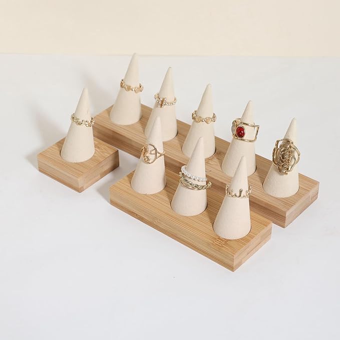GemeShou Beige wood ring storage organizer, Velvet Jewelry ring display holder, Cute ring display stand for selling, wedding ring holder at nightstand【Beige with single cone】