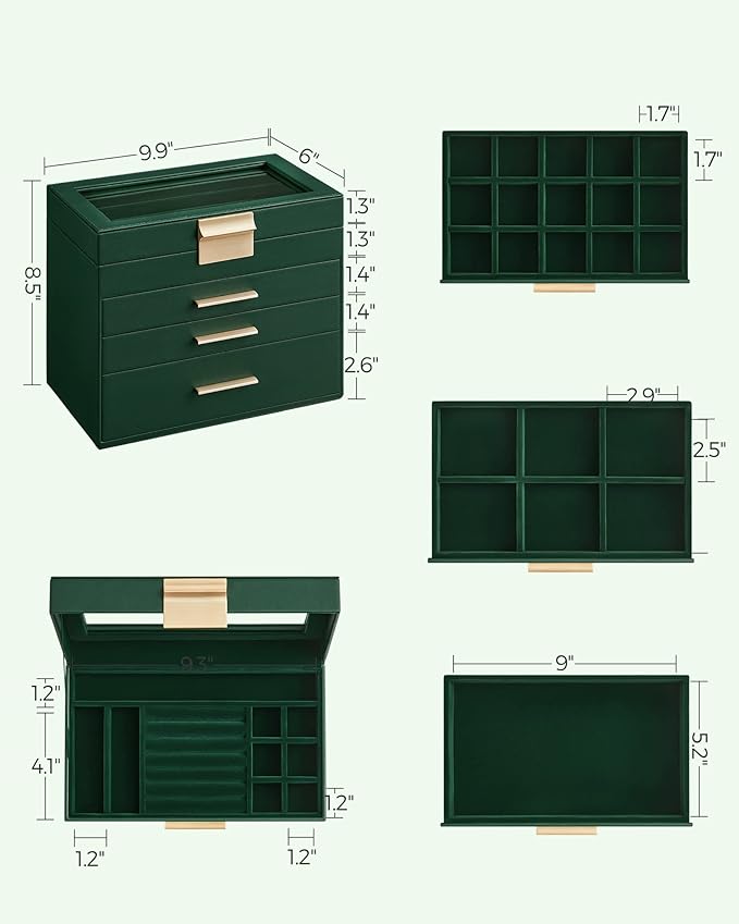 SONGMICS Jewelry Box Organizer with Glass Lid, 4-Layer Jewelry Storage, with 3 Drawers, Modern Style, 6 x 9.9 x 8.5 Inches, Forest Green and Gold Color UJBC161G01