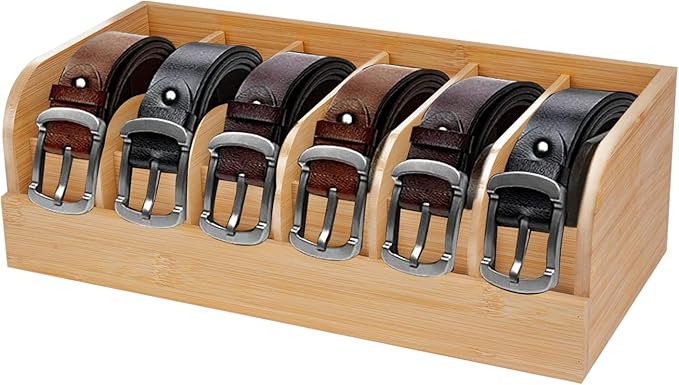 GTI Belt Organizer, 6 Compartments Belt Organizer for Closet and Drawer, Bamboo Display Case for Tie and Belt, Belt Storage Organizer for Men Women (Wooden)